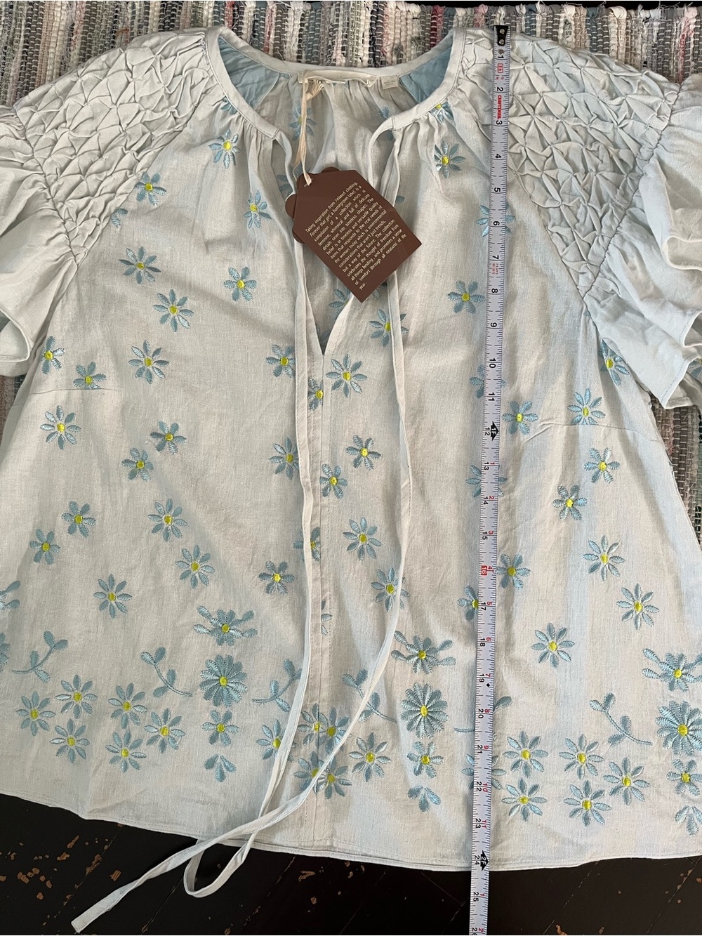 NWT Forever That Girl Ruffle-Sleeve Smocked Linen Blouse Anthropologie Flowers - Picture 11 of 12